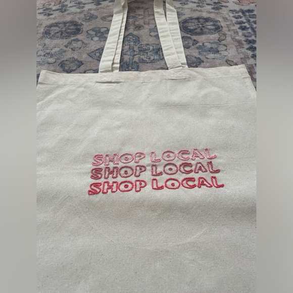 Hand Embroidered Pink ‘Shop Local’ Tan Canvas On The Go Tote Bag - Picture 2 of 5